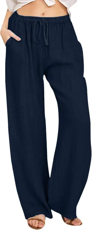 Cute Summer Pants For Women 2024 High Waist Business Pants Linen Wide Leg Sweatpants Palazzo Trouser with Pocket