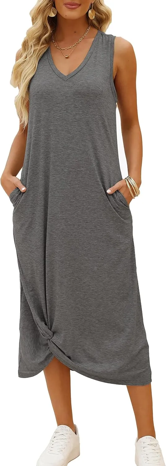 DEEP SELF Women's Casual V Neck Twist Knot Front Sleeveless Long Dress Summer Beach Tank Ankle Length Dresses with Pockets