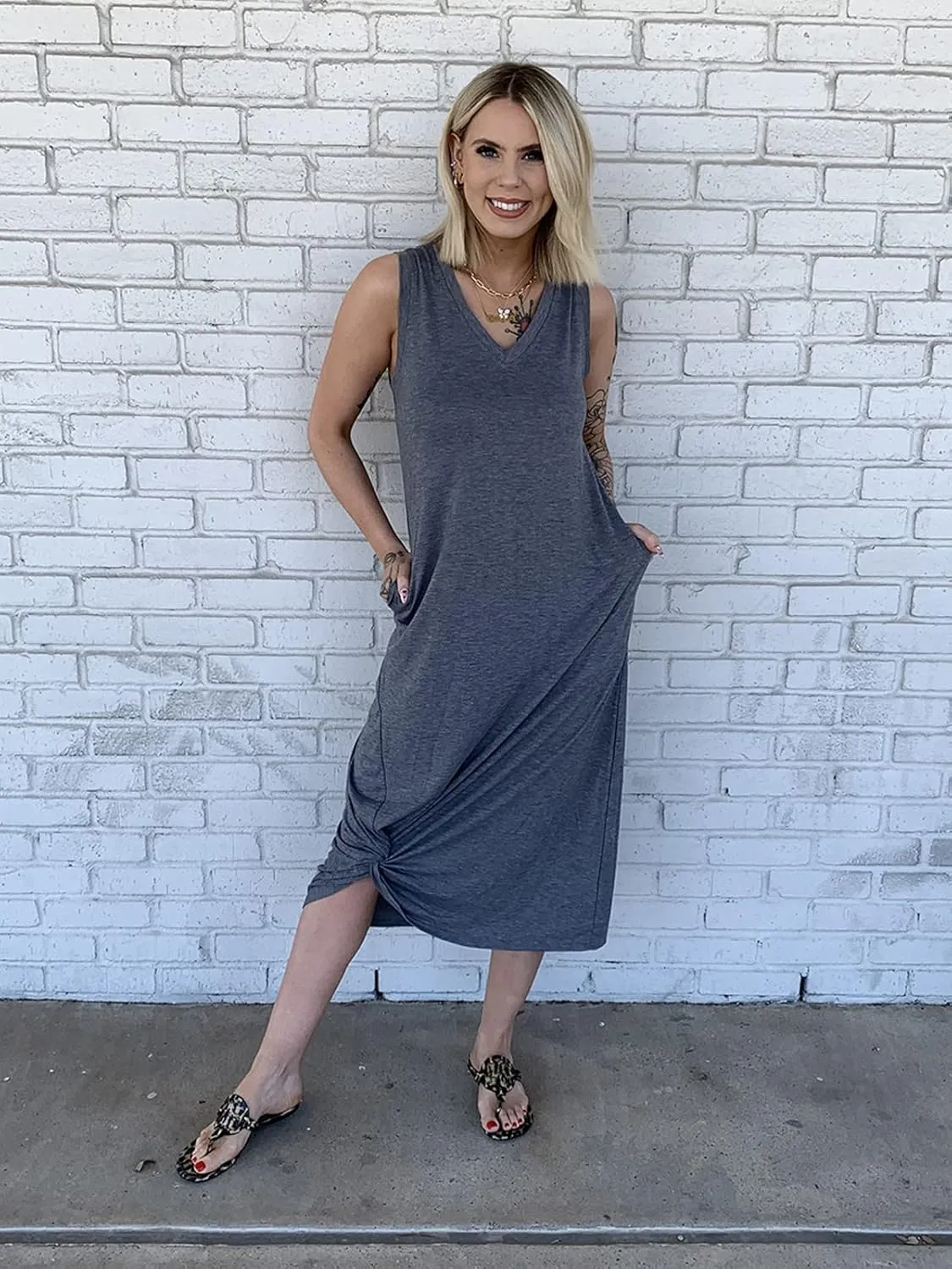 DEEP SELF Women's Casual V Neck Twist Knot Front Sleeveless Long Dress Summer Beach Tank Ankle Length Dresses with Pockets