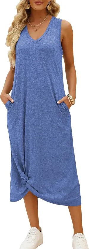 DEEP SELF Women's Casual V Neck Twist Knot Front Sleeveless Long Dress Summer Beach Tank Ankle Length Dresses with Pockets