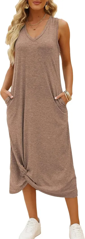 DEEP SELF Women's Casual V Neck Twist Knot Front Sleeveless Long Dress Summer Beach Tank Ankle Length Dresses with Pockets