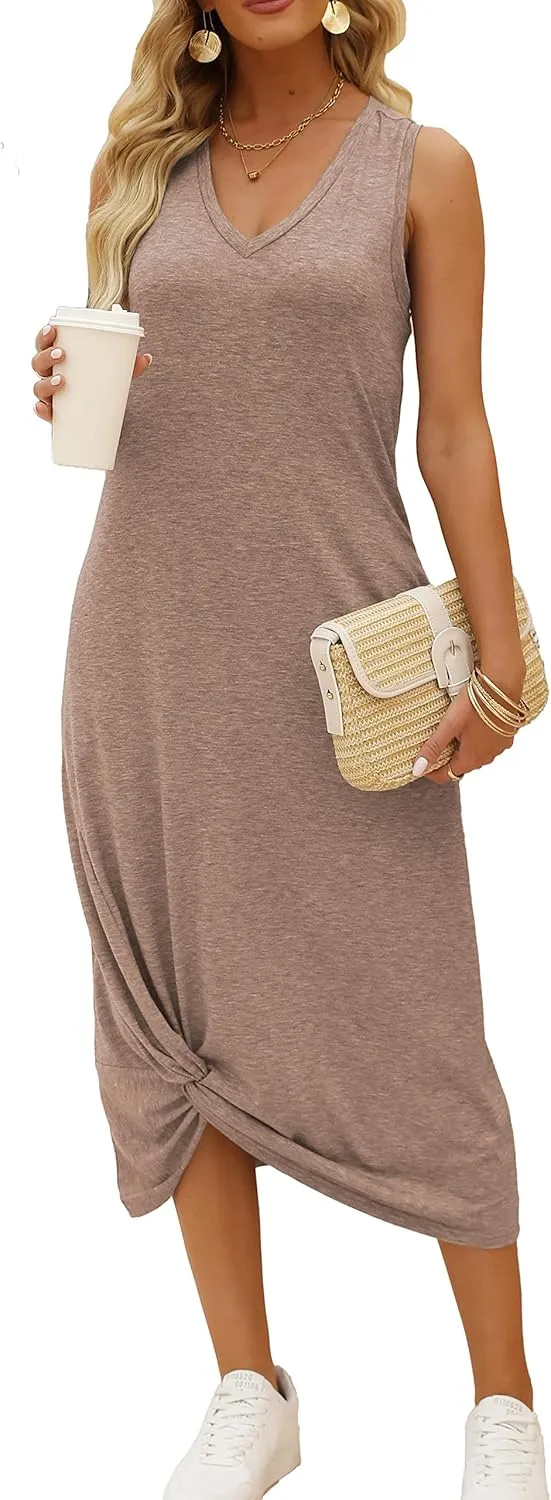 DEEP SELF Women's Casual V Neck Twist Knot Front Sleeveless Long Dress Summer Beach Tank Ankle Length Dresses with Pockets