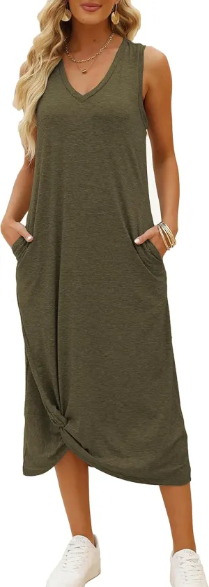 DEEP SELF Women's Casual V Neck Twist Knot Front Sleeveless Long Dress Summer Beach Tank Ankle Length Dresses with Pockets