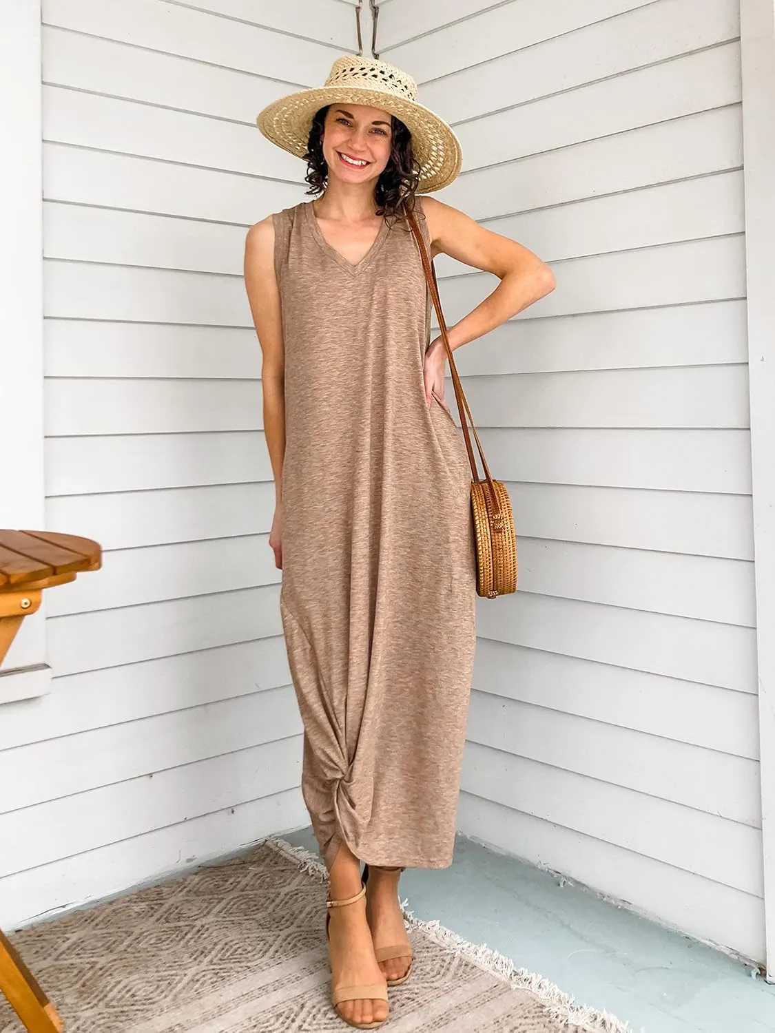 DEEP SELF Women's Casual V Neck Twist Knot Front Sleeveless Long Dress Summer Beach Tank Ankle Length Dresses with Pockets