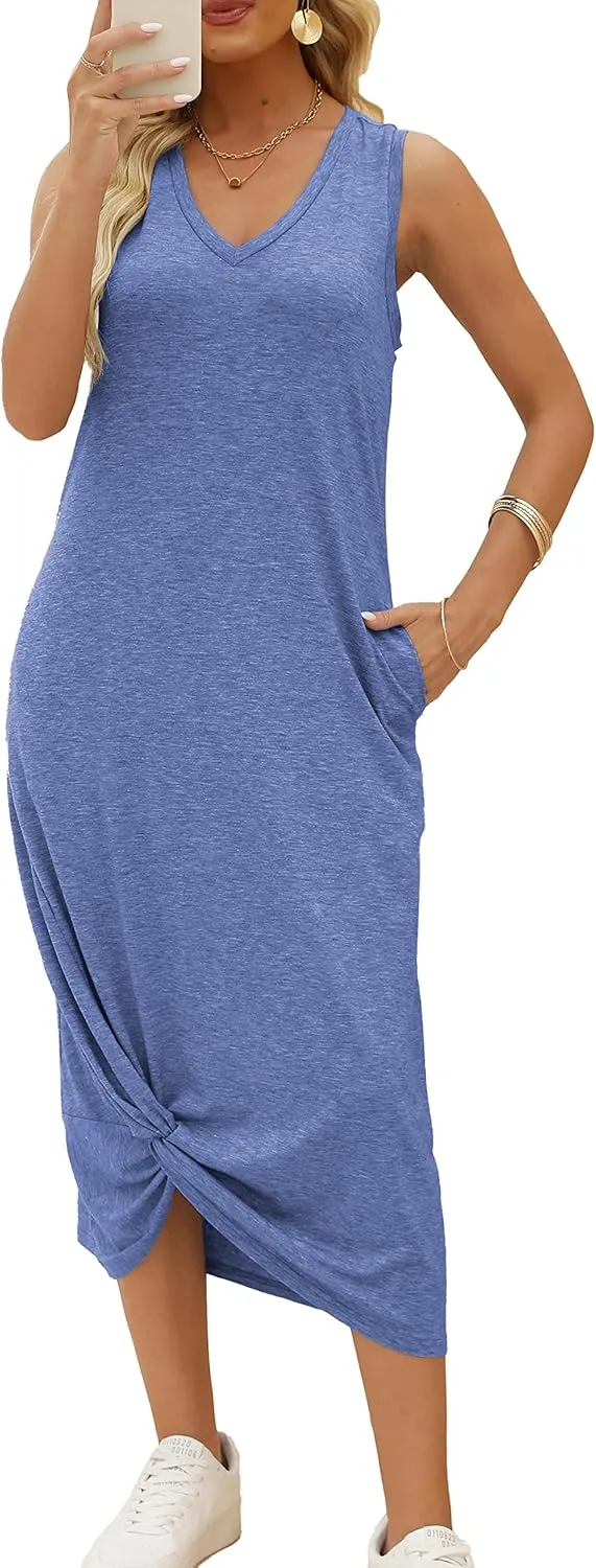 DEEP SELF Women's Casual V Neck Twist Knot Front Sleeveless Long Dress Summer Beach Tank Ankle Length Dresses with Pockets