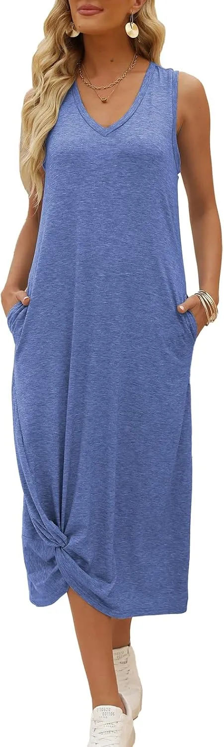 DEEP SELF Women's Casual V Neck Twist Knot Front Sleeveless Long Dress Summer Beach Tank Ankle Length Dresses with Pockets