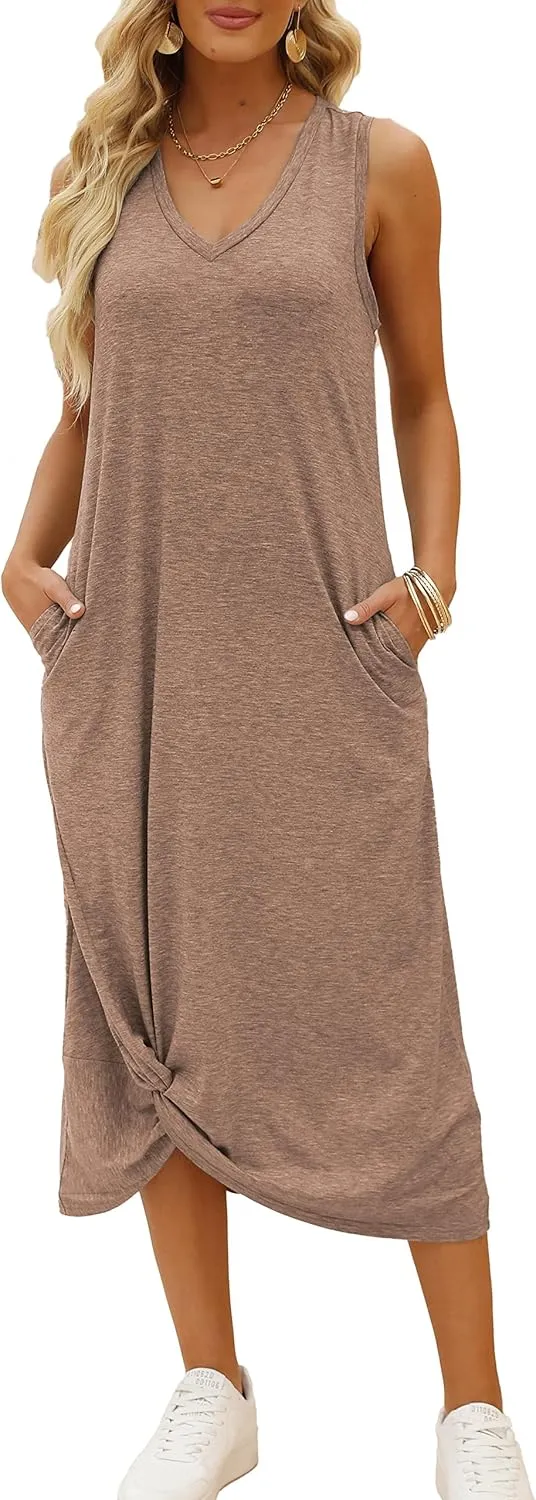 DEEP SELF Women's Casual V Neck Twist Knot Front Sleeveless Long Dress Summer Beach Tank Ankle Length Dresses with Pockets
