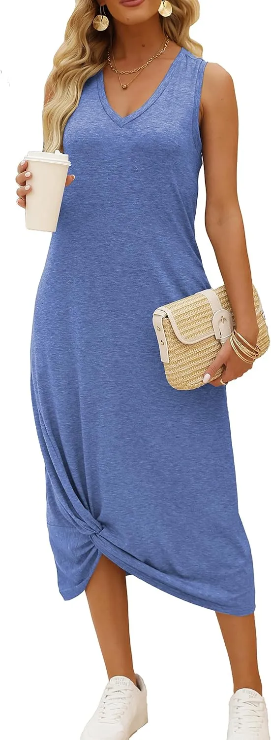 DEEP SELF Women's Casual V Neck Twist Knot Front Sleeveless Long Dress Summer Beach Tank Ankle Length Dresses with Pockets