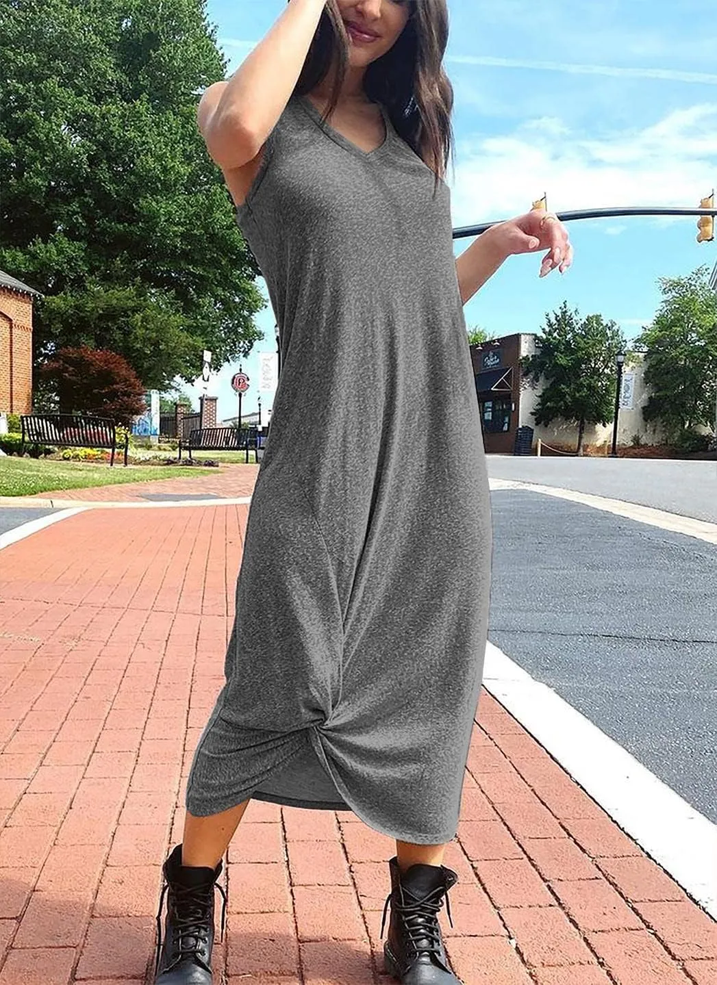 DEEP SELF Women's Casual V Neck Twist Knot Front Sleeveless Long Dress Summer Beach Tank Ankle Length Dresses with Pockets