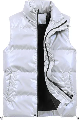 DGHM-JLMY Men Glossy Slim Casual Warm Down Cotton Vest Sleeveless Casual Shiny Zip Puffer Jacket Cotton Padded Down Waistcoat