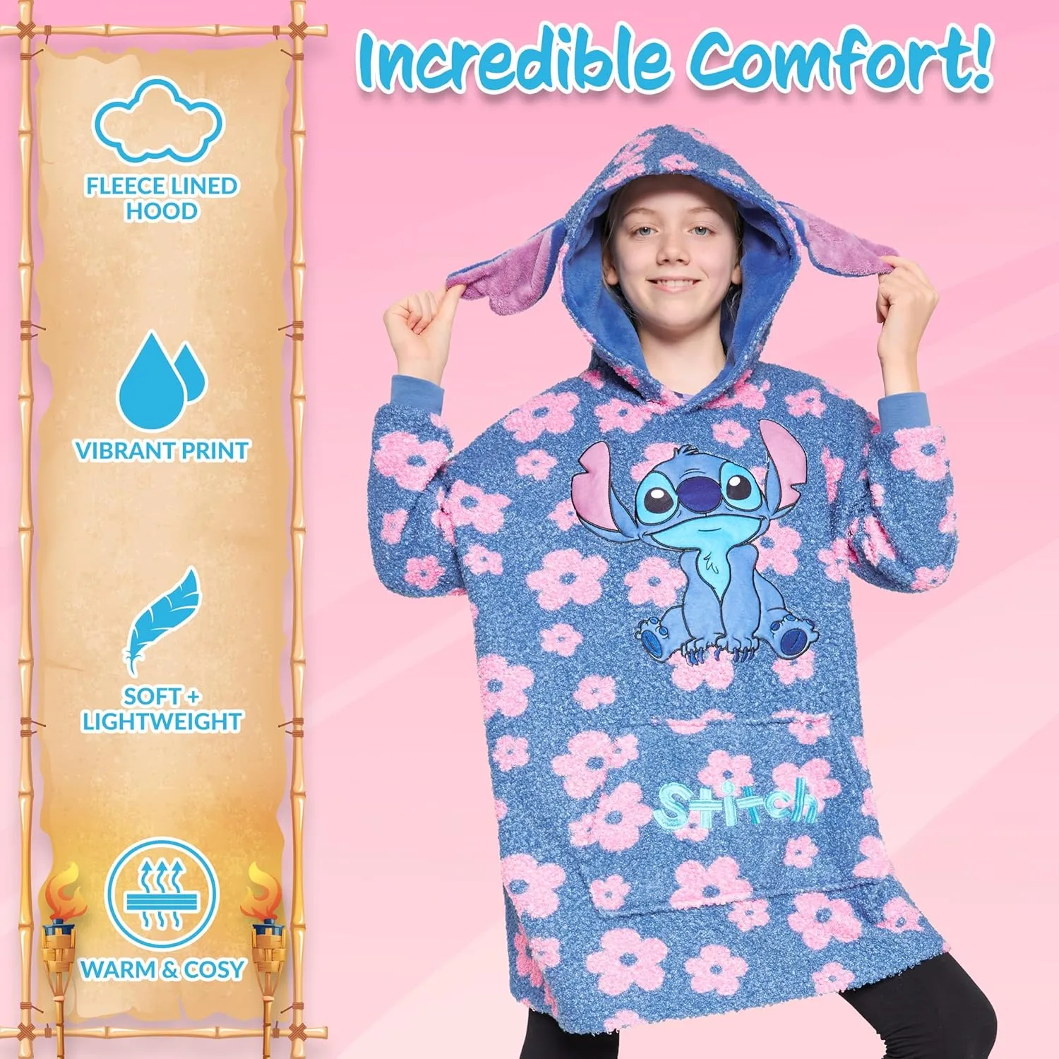 Disney Stitch Fleece Hoodie Blanket for Kids and Teenagers - One Size Fluffy Oversized Hoodie - Stitch Gifts