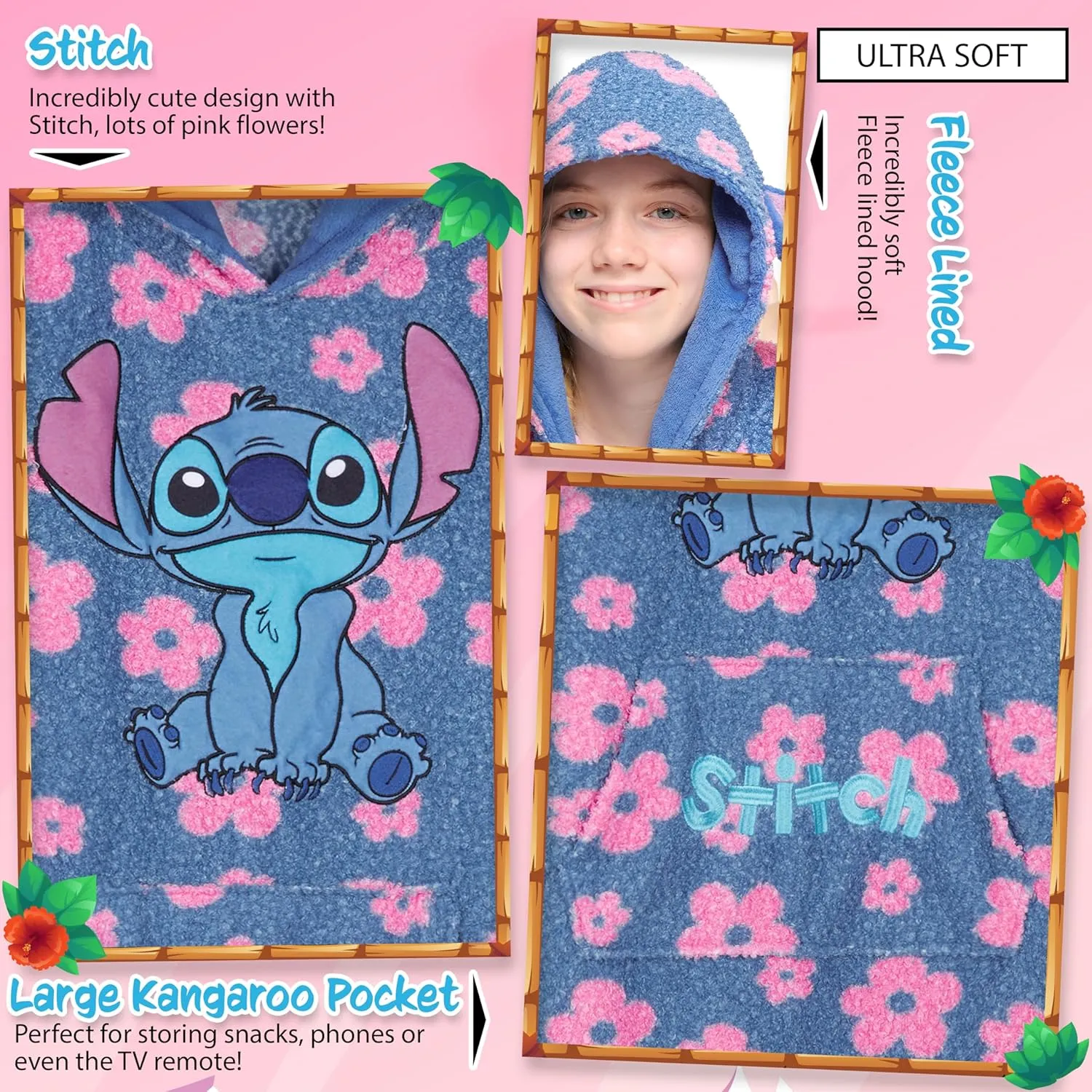 Disney Stitch Fleece Hoodie Blanket for Kids and Teenagers - One Size Fluffy Oversized Hoodie - Stitch Gifts