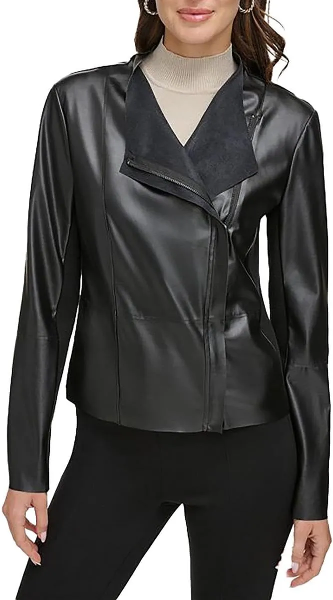 DKNY Womens Faux Leather Short Motorcycle Jacket Black M/L