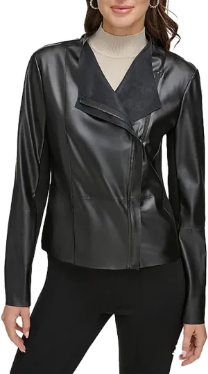 DKNY Womens Faux Leather Short Motorcycle Jacket Black M/L