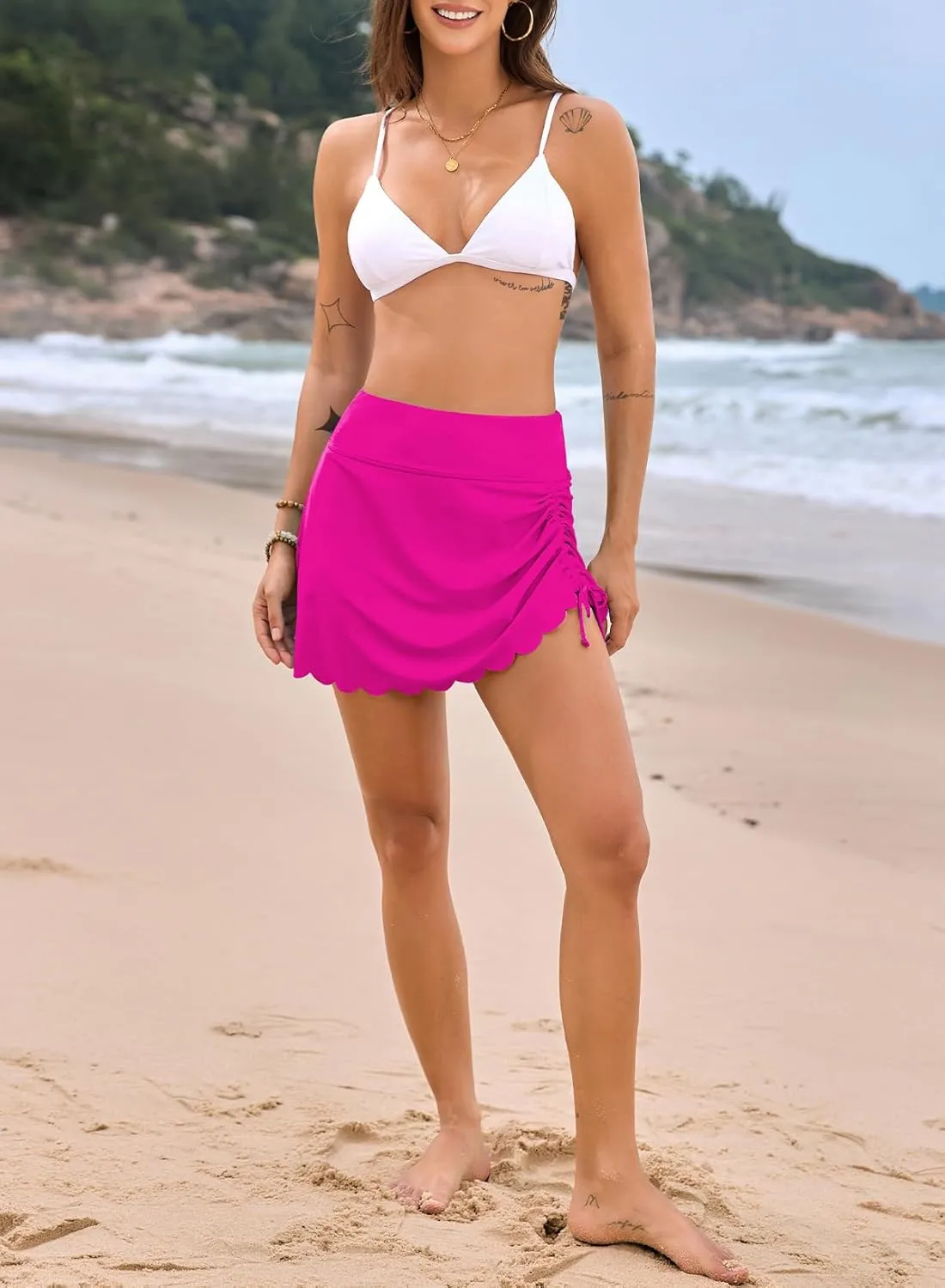 Dokotoo Women's High Waisted Swim Skirt Bottoms Ruched Scallop Trim Bathing Suit Skirts Split Tankini Swimsuit Bottom