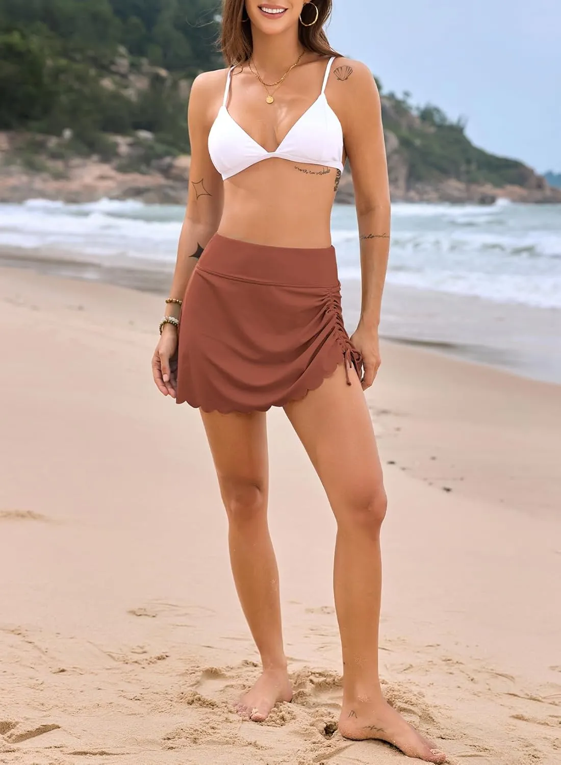 Dokotoo Women's High Waisted Swim Skirt Bottoms Ruched Scallop Trim Bathing Suit Skirts Split Tankini Swimsuit Bottom