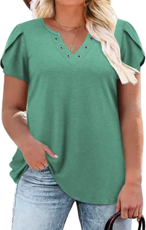 DOLNINE Womens Plus Size Tops Basic Casual T-Shirts Ring Hole V Neck Petal Short Sleeve Tee Tunics
