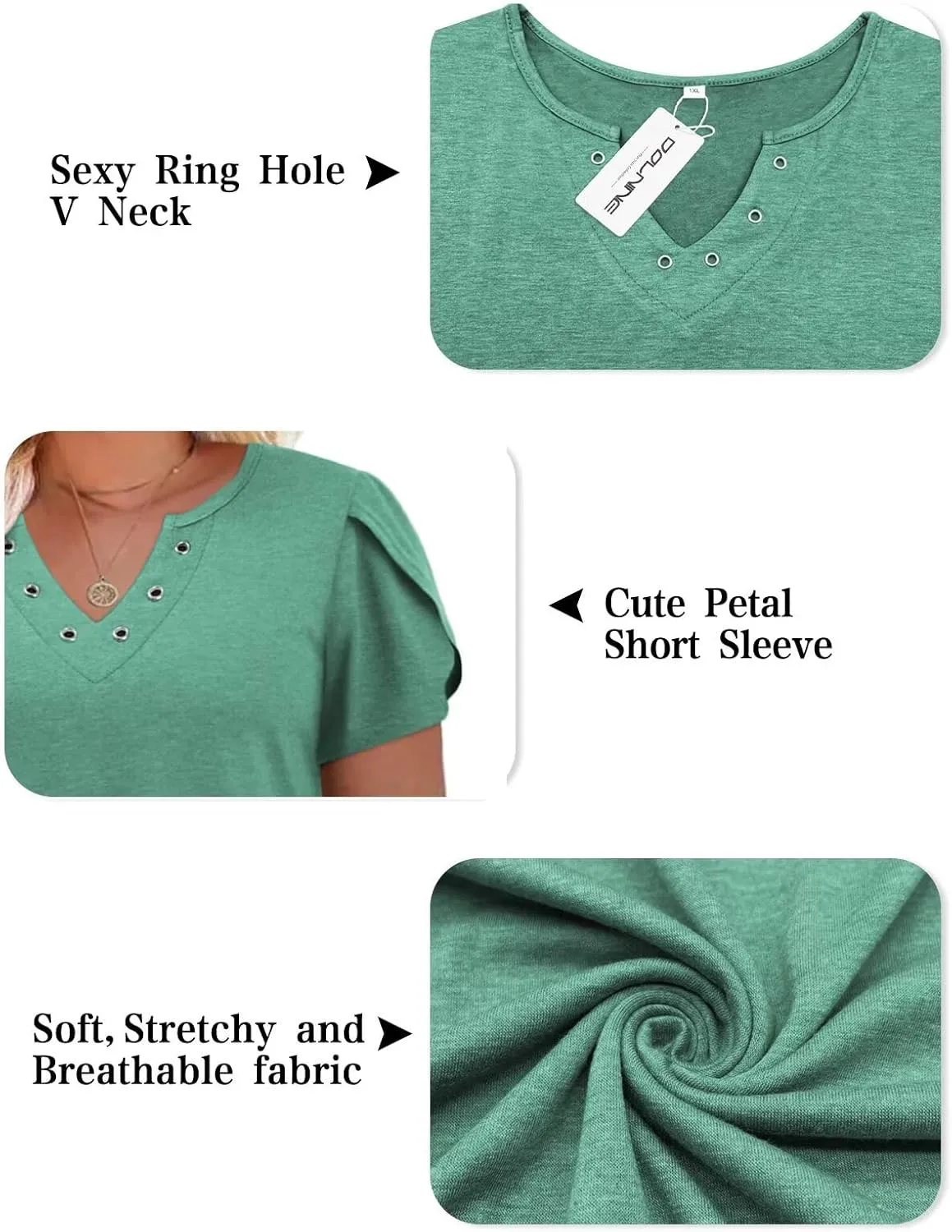 DOLNINE Womens Plus Size Tops Basic Casual T-Shirts Ring Hole V Neck Petal Short Sleeve Tee Tunics