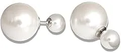Double Pearl Drop Earrings, Elegant Stud Design, White Pearl, Front Back Style