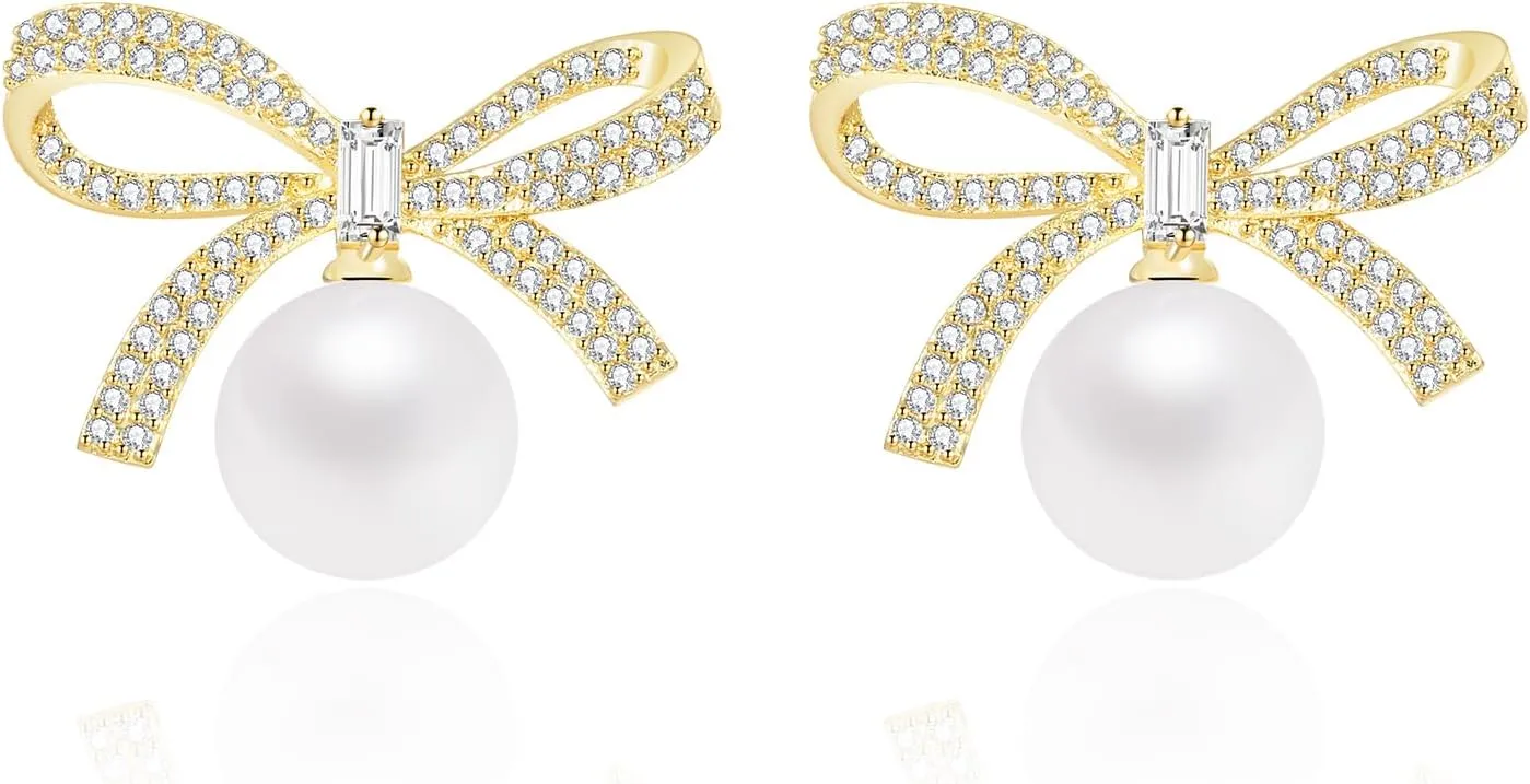 Dpvive Bow Drop Earrings for Women 14K Gold Plated Pearl Bow Earrings Dangle Drop Cubic Zirconia Earrings for Women Gift