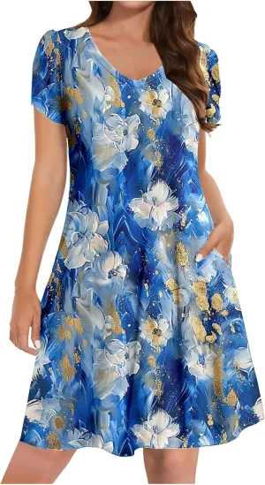 Dresses for Women 2025 Casual Spring Short Sleeve Floral Print Sundress Vacation Loose V-Neck Beach Dress with Pocket