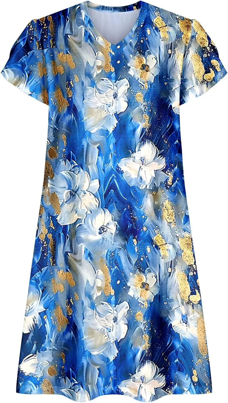 Dresses for Women 2025 Casual Spring Short Sleeve Floral Print Sundress Vacation Loose V-Neck Beach Dress with Pocket