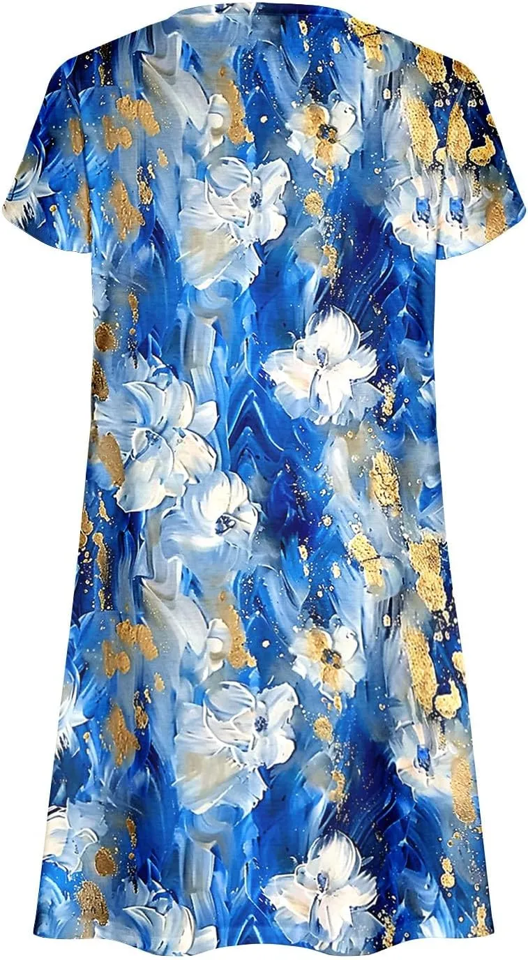 Dresses for Women 2025 Casual Spring Short Sleeve Floral Print Sundress Vacation Loose V-Neck Beach Dress with Pocket