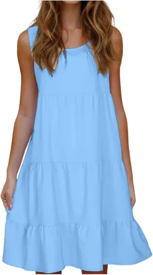Dresses for Women Sleeveless Tank Dress Summer Loose Sundress Plus Size Casual Dresses Crew Neck Knee Length Dresses