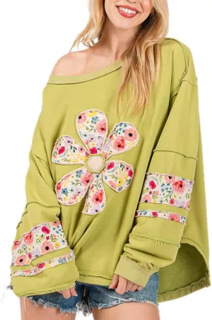 DSORVICD Women Vintage Floral Sweatshirt Y2k Oversized Color Block Blouse Patchwork Long Sleeve Top Cute Graphic Pullover Top