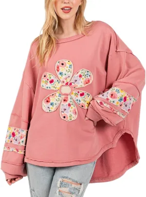 DSORVICD Women Vintage Floral Sweatshirt Y2k Oversized Color Block Blouse Patchwork Long Sleeve Top Cute Graphic Pullover Top