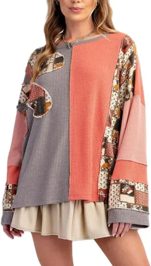 DSORVICD Women Vintage Floral Sweatshirt Y2k Oversized Color Block Blouse Patchwork Long Sleeve Top Cute Graphic Pullover Top