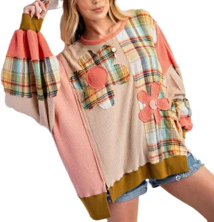 DSORVICD Women Vintage Floral Sweatshirt Y2k Oversized Color Block Blouse Patchwork Long Sleeve Top Cute Graphic Pullover Top