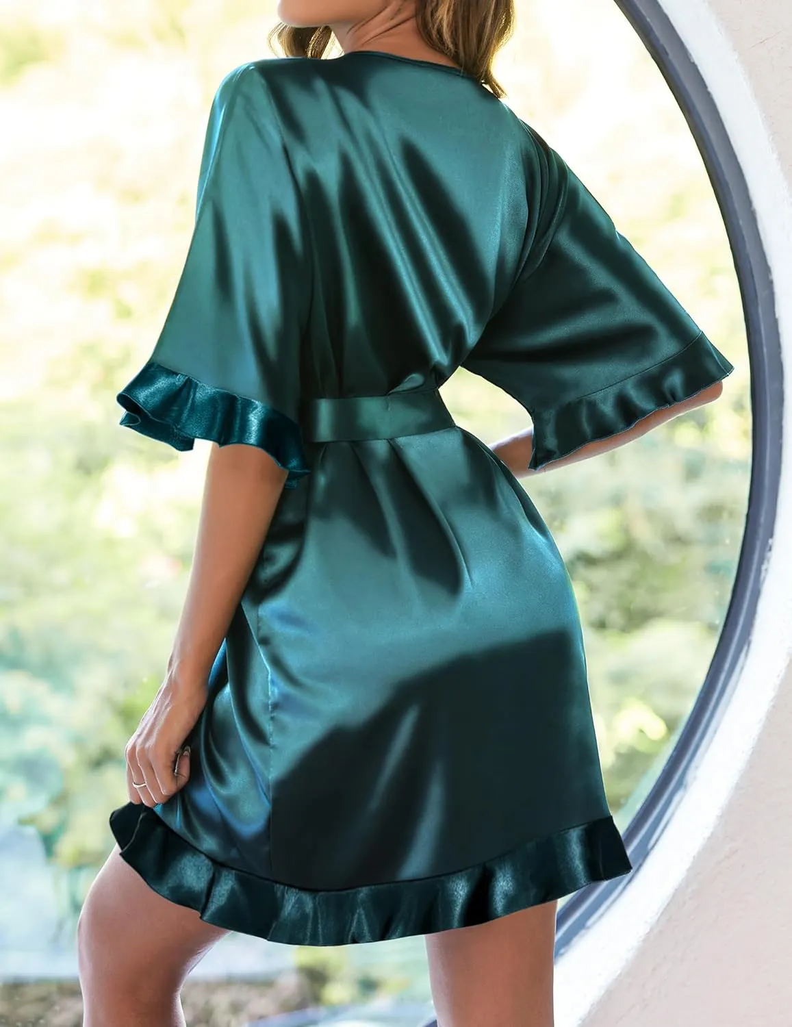 Ekouaer Womens Silk Ruffle Robe Short Satin Kimono Robe Half Sleeve Bathrobe Bridesmaid Wedding Party Dressing Gown