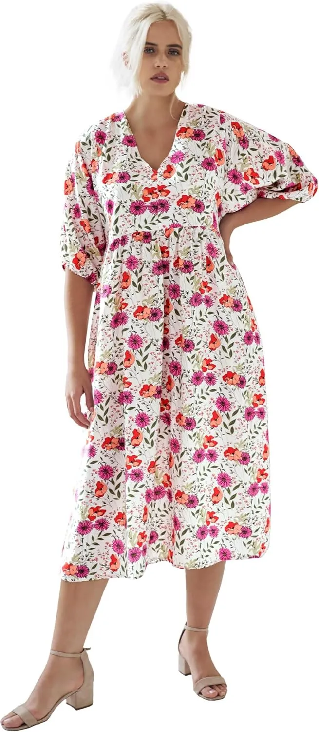 ellos Women's Plus Size Blouson Sleeve Empire Midi Dress