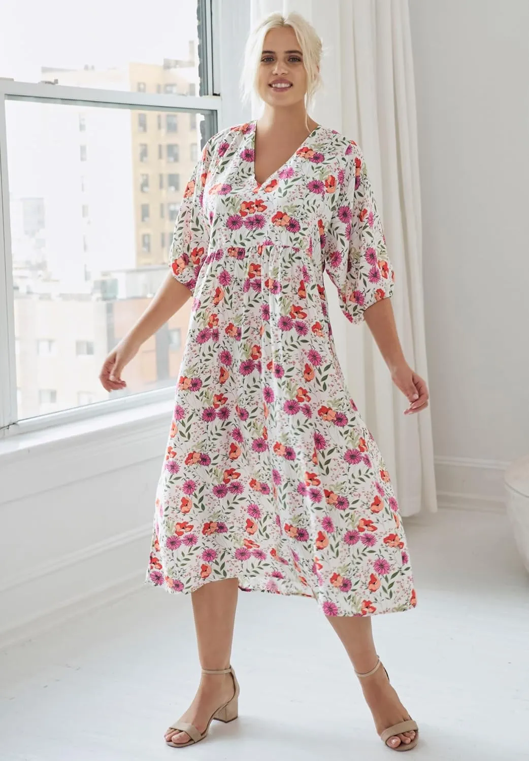 ellos Women's Plus Size Blouson Sleeve Empire Midi Dress