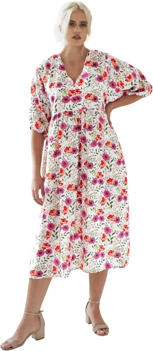 ellos Women's Plus Size Blouson Sleeve Empire Midi Dress