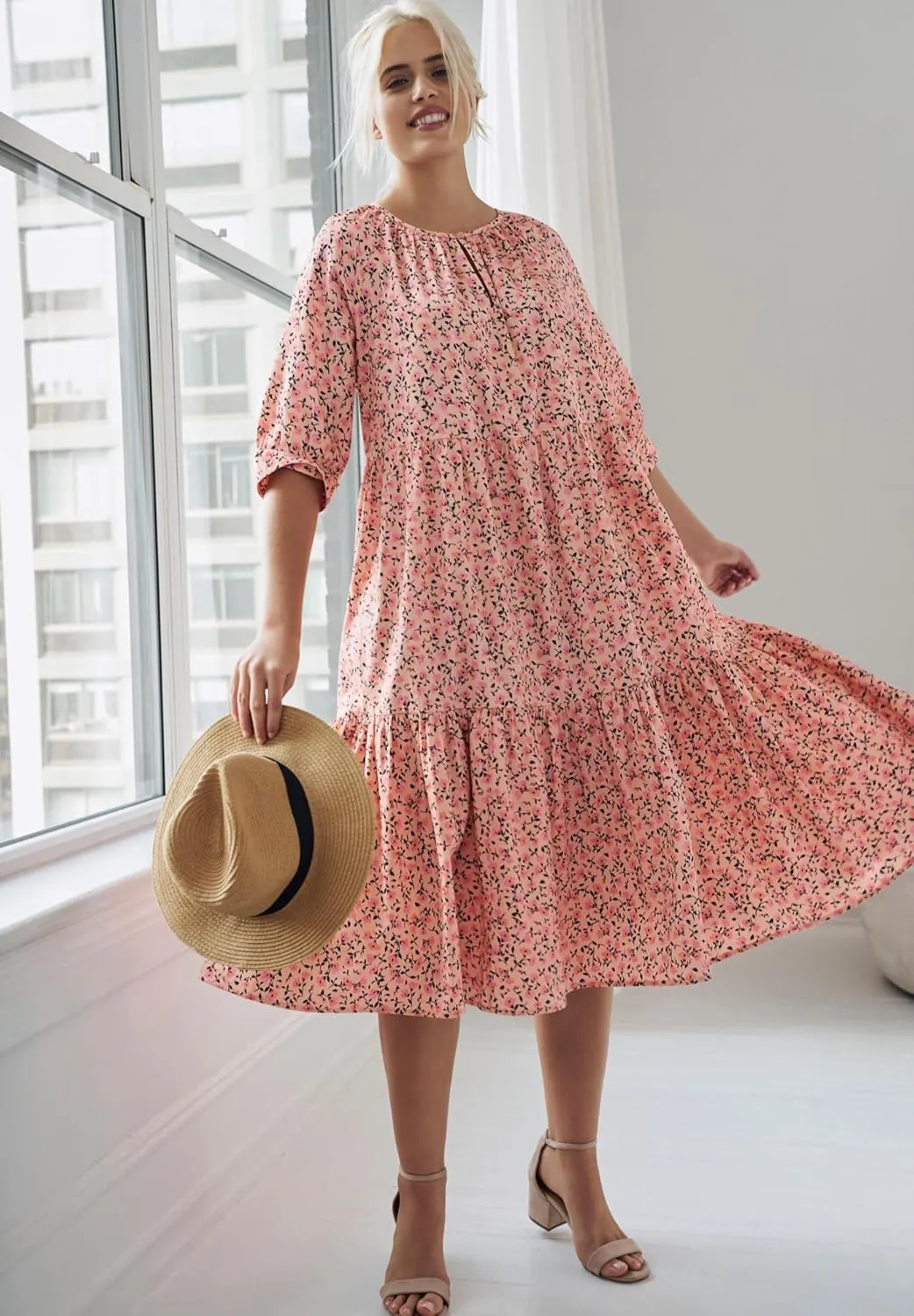ellos Women's Plus Size Tiered Cotton Midi Dress