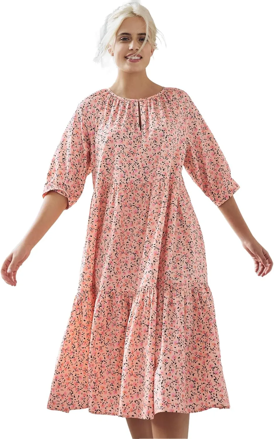 ellos Women's Plus Size Tiered Cotton Midi Dress