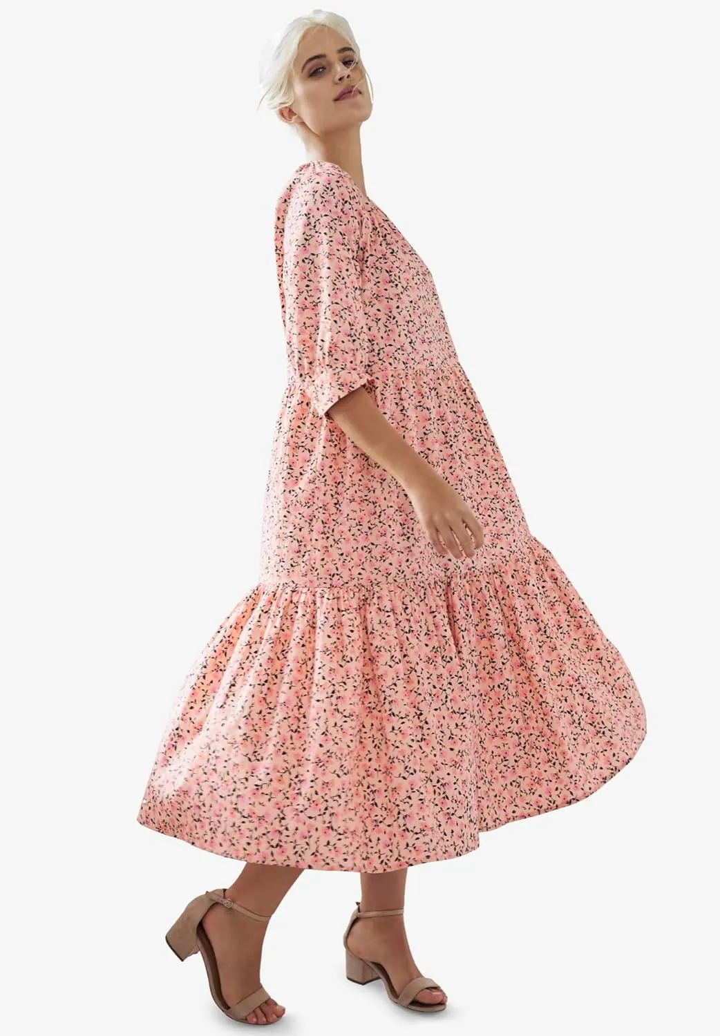 ellos Women's Plus Size Tiered Cotton Midi Dress