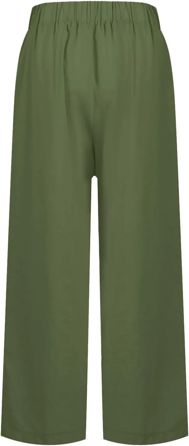 eoeioa High Waisted Linen Pants Women Summer Baggy Stretchy Palazzo Pants Lightweight Casual Pants Boho Beach Pants w/Pockets