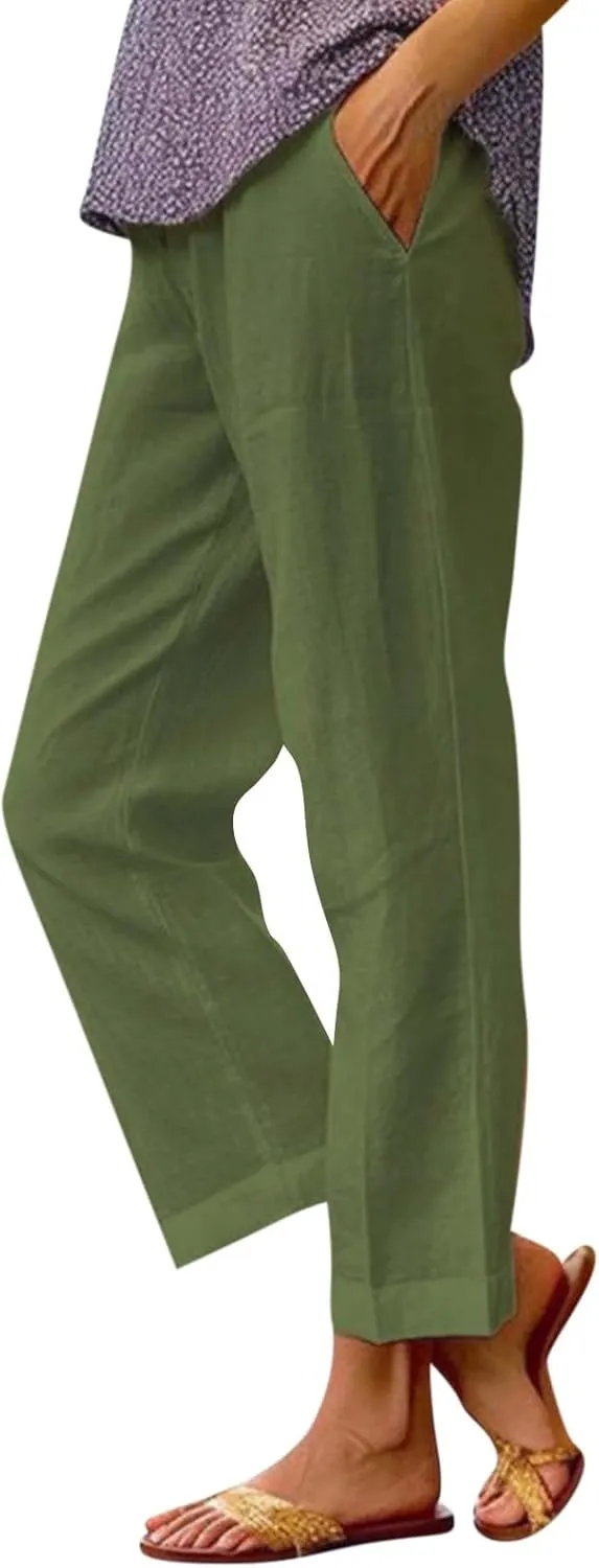 eoeioa High Waisted Linen Pants Women Summer Baggy Stretchy Palazzo Pants Lightweight Casual Pants Boho Beach Pants w/Pockets