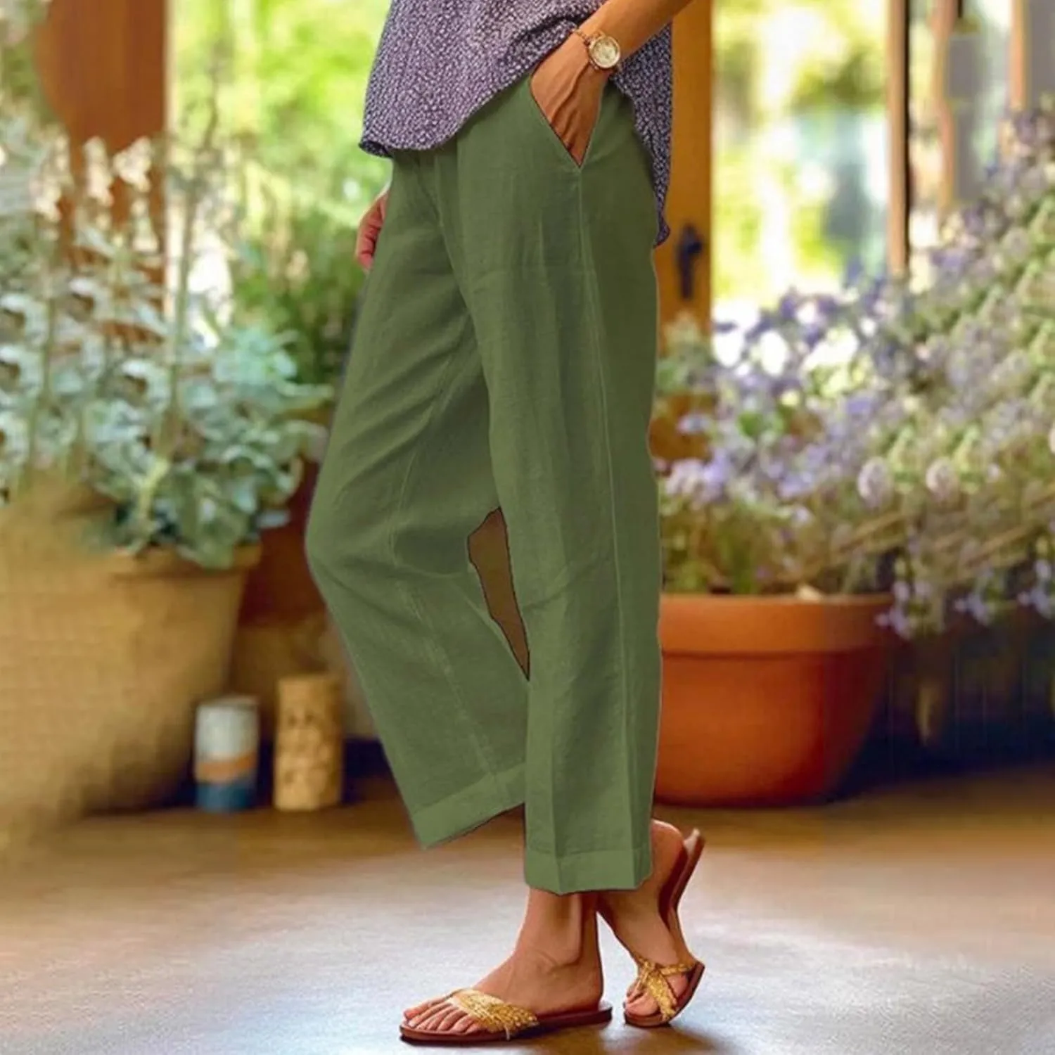eoeioa High Waisted Linen Pants Women Summer Baggy Stretchy Palazzo Pants Lightweight Casual Pants Boho Beach Pants w/Pockets