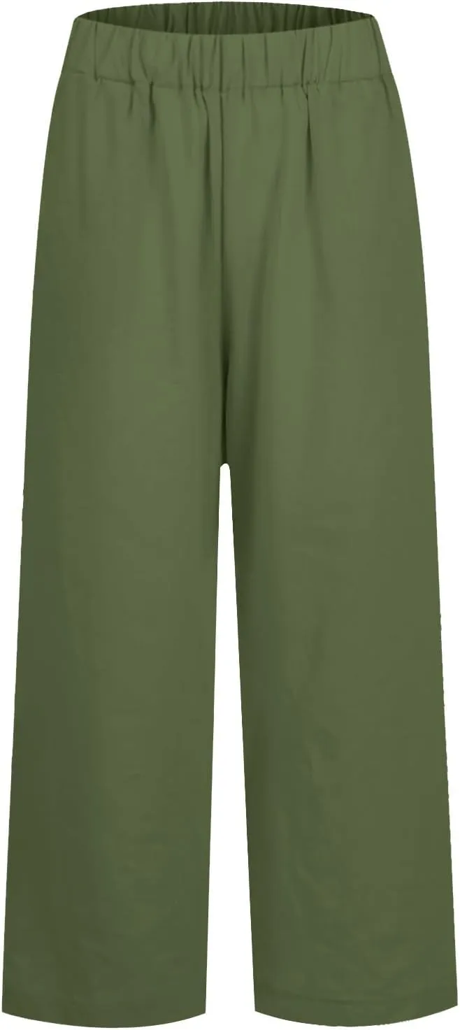 eoeioa High Waisted Linen Pants Women Summer Baggy Stretchy Palazzo Pants Lightweight Casual Pants Boho Beach Pants w/Pockets
