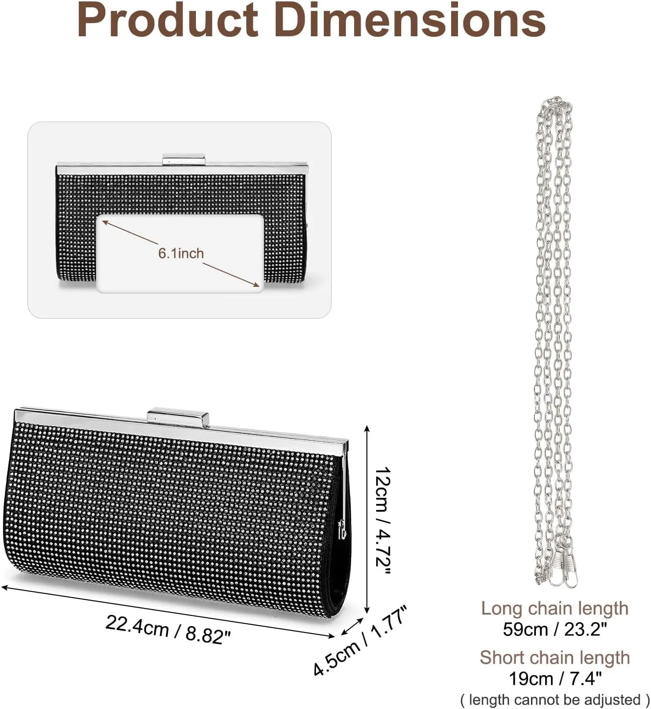 Evening Bags Clutch Purses for Women Formal, Crystal Rhinestone Purse Handbag Crossbody Bag with Chain Shoulder Bag Sparkly for Wedding Guest Party Black