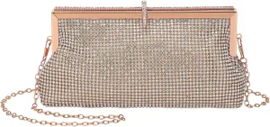 Evening Bags Clutch Purses for Women Formal, Metallic Purses Crystal Rhinestone Crossbody Handbag with Chain Shoulder Bag Sparkly for Wedding Guest Party Champagne Gold