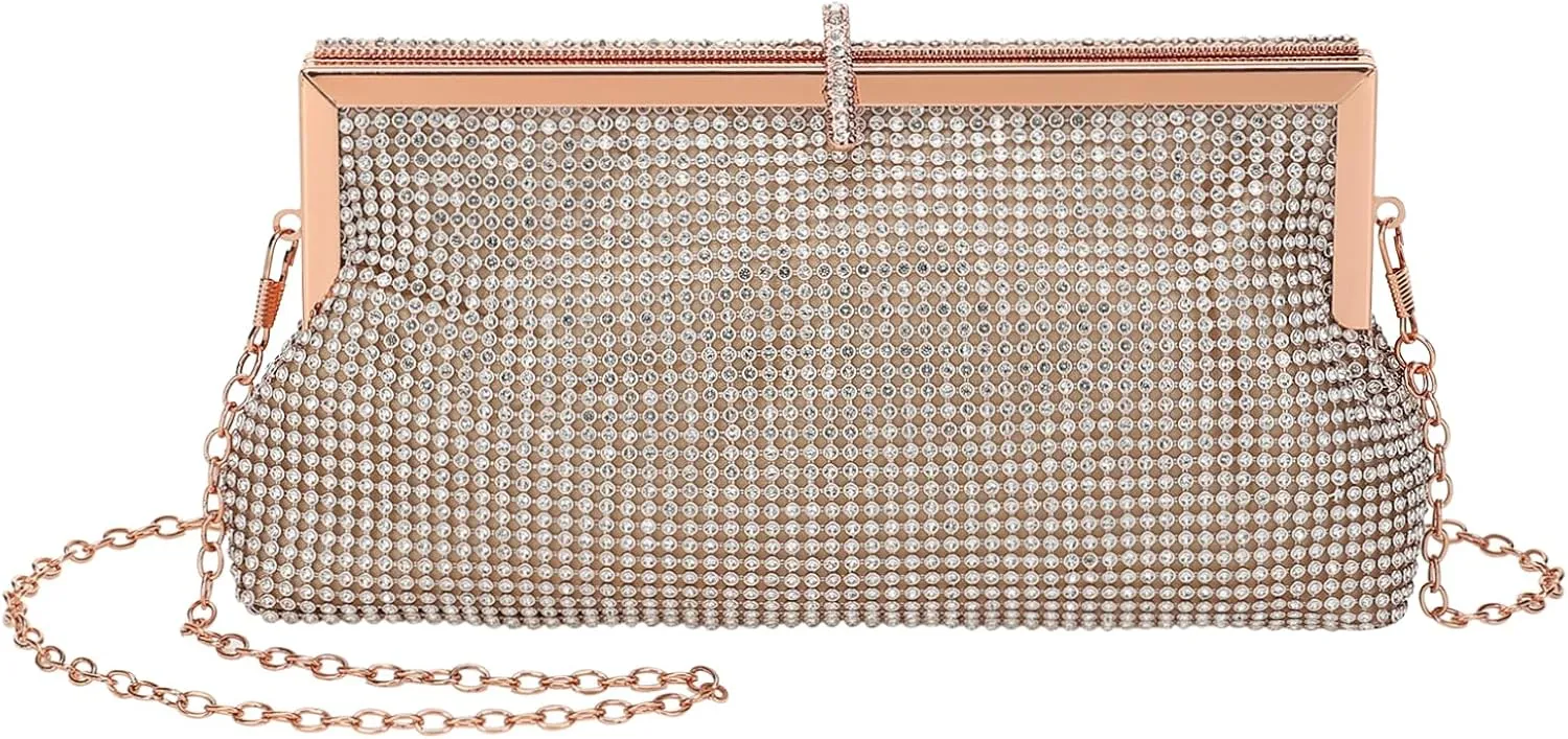 Evening Bags Clutch Purses for Women Formal, Metallic Purses Crystal Rhinestone Crossbody Handbag with Chain Shoulder Bag Sparkly for Wedding Guest Party Champagne Gold
