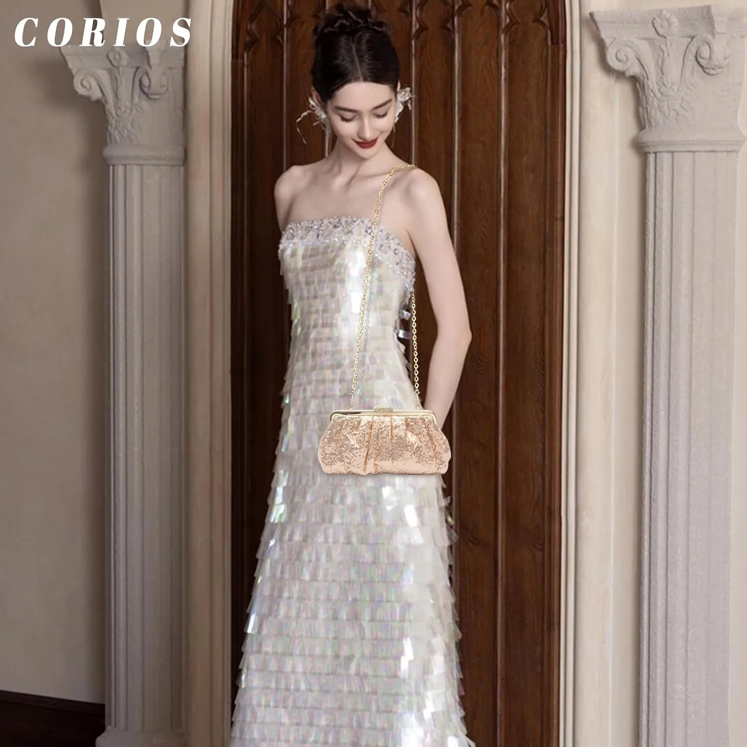 Evening Clutch Bag for Women Sparkly Sequin Handbag Bridal Wedding Purse Vintage Rhinestone Shoulder Bag