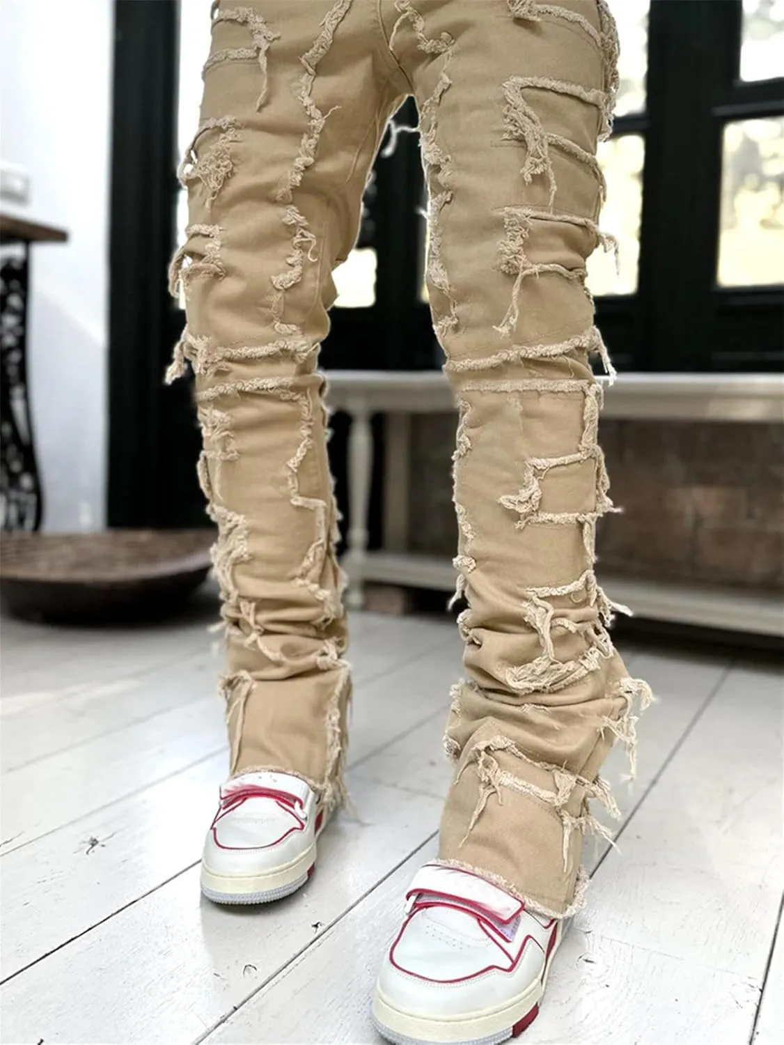 evzosrz Mens Stacked Jeans Frayed Skinny Ripped Jeans Slim Fit Stretch Distressed Destroyed Denim Pants Trousers Streetwear