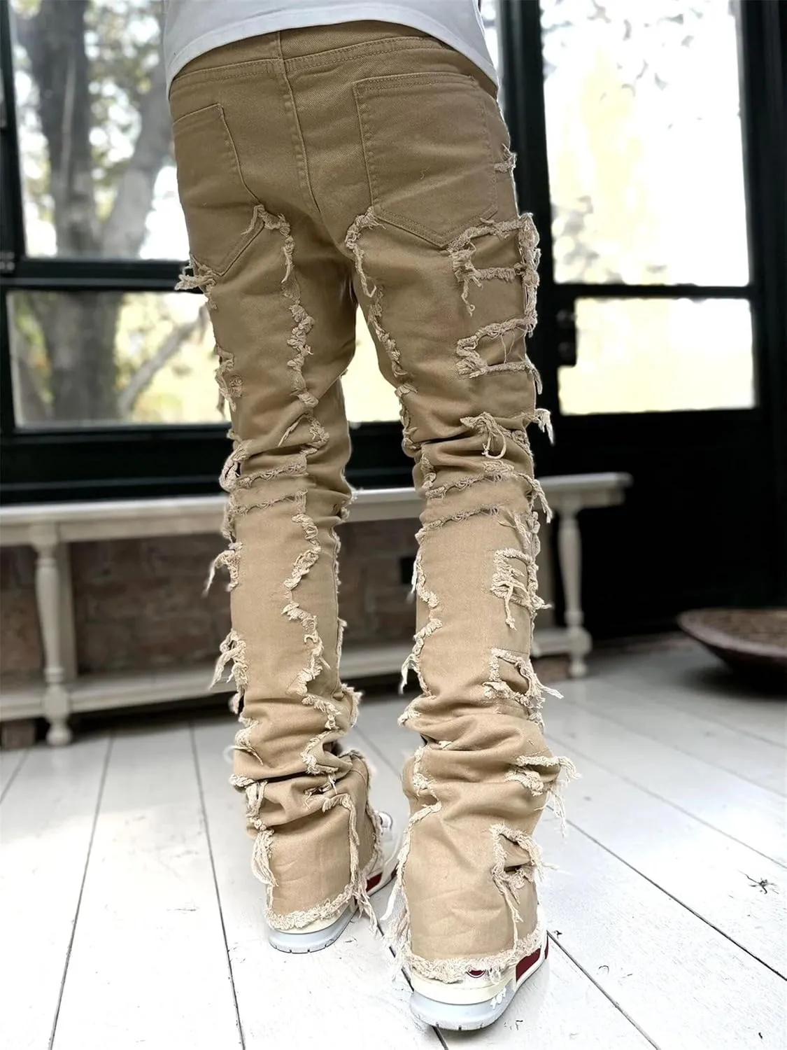 evzosrz Mens Stacked Jeans Frayed Skinny Ripped Jeans Slim Fit Stretch Distressed Destroyed Denim Pants Trousers Streetwear
