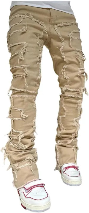 evzosrz Mens Stacked Jeans Frayed Skinny Ripped Jeans Slim Fit Stretch Distressed Destroyed Denim Pants Trousers Streetwear
